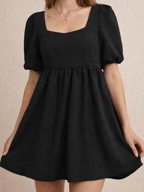 Black Puff Sleeve Babydoll Mini Dress Square Neck Coquette  - Size Small
